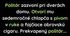 Poštárovi otvorí sedem ročný chlapec s pivom v ruke (Vtip)
