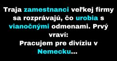 Zamestnanci uvažujú, čo si kúpia z vianočných odmien. (Vtip)