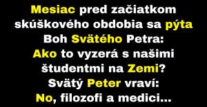 Svätý Peter pozoruje, ako sa študenti pripravujú na skúškové (Vtip)