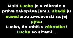 Lucka v záhrade pochováva svoju mŕtvu rybičku (Vtip)