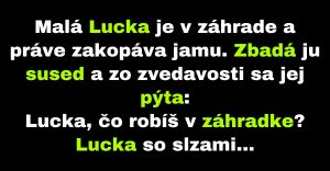 Lucka v záhrade pochováva svoju mŕtvu rybičku (Vtip)