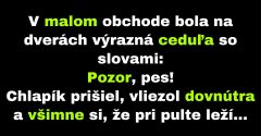 Chlapík si v malom obchode všimne ležiaceho psa (Vtip)