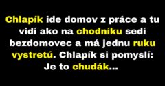 Chlapík pomôže bezdomovcovi na chodníku (Vtip)