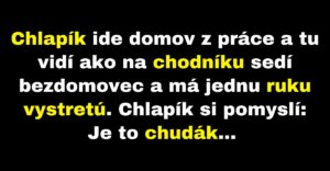 Chlapík pomôže bezdomovcovi na chodníku (Vtip)