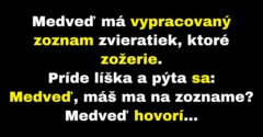 Medveď má zoznam zvierat, ktoré zožerie (Vtip)