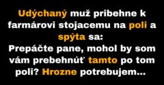 Muž uteká cez farmárovo pole, aby stihol autobus (Vtip)