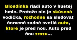 Blondínka sa kvôli hmle riadi autom pred ňou (Vtip)