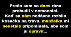 Manželka žiada muža, aby opravil kosačku (Vtip)