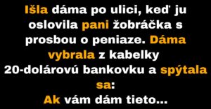 Žobráčka poprosí okoloidúcu dámu o peniaze (Vtip)