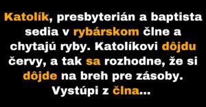 Baptista sleduje, ako katolík a presbyterián kráčajú po vode (Vtip)