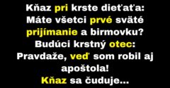 Kňaza pri krste prekvapí priznanie krstného otca (Vtip)