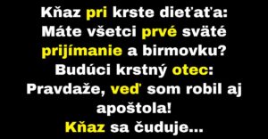 Kňaza pri krste prekvapí priznanie krstného otca (Vtip)